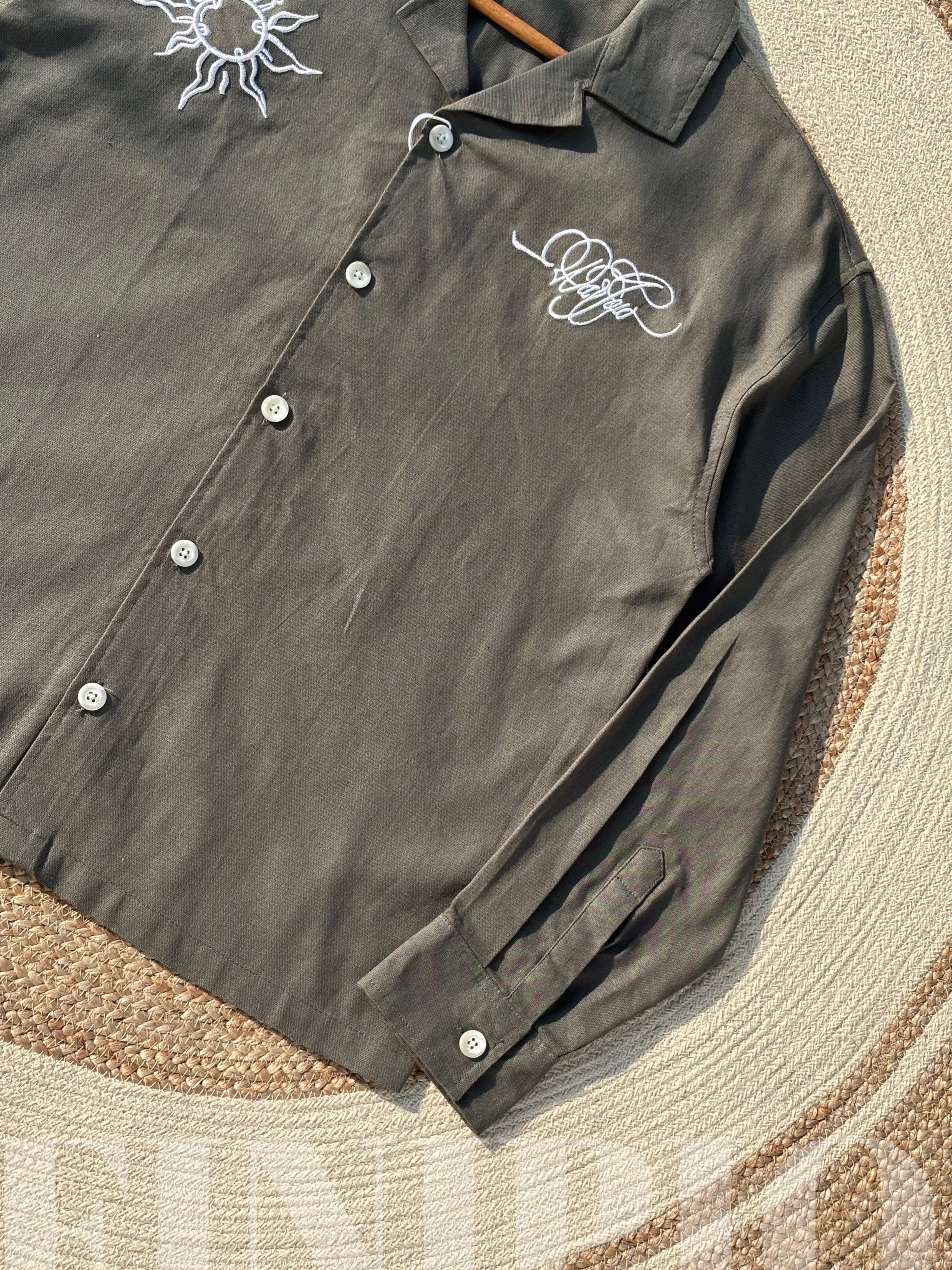 Espresso Fancy Cuban (Dark Olive) Linen Boxy shirt