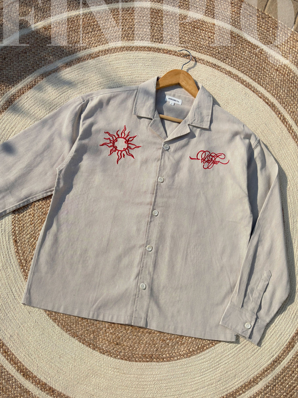 Espresso Fancy Cuban (Sand Beige) Linen Boxy shirt.