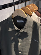 Espresso Dark Olive Linen Boxy shirt.
