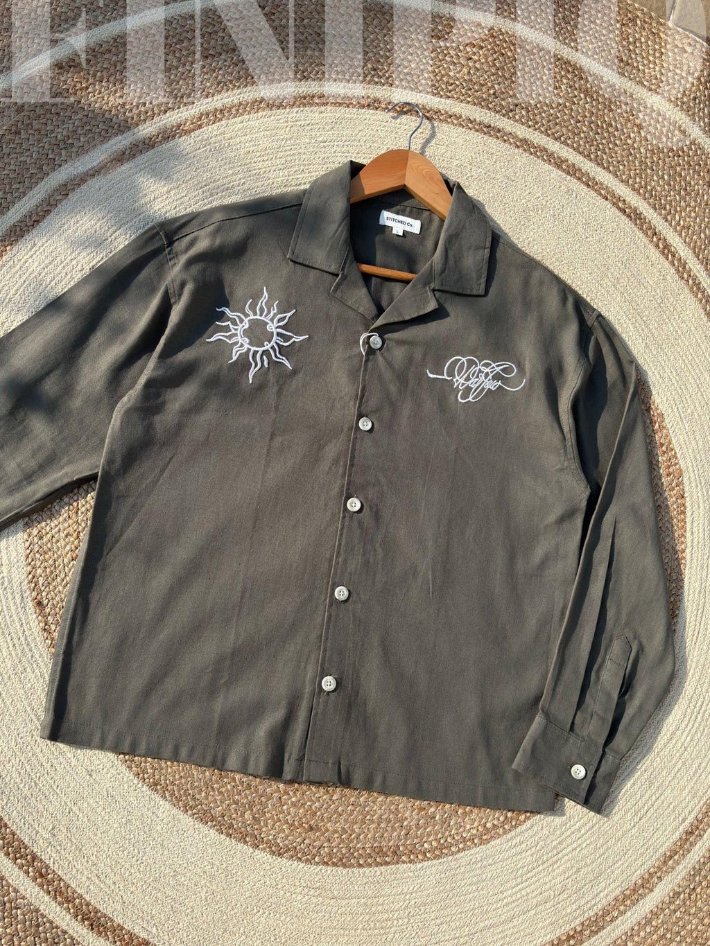 Espresso Fancy Cuban (Dark Olive) Linen Boxy shirt
